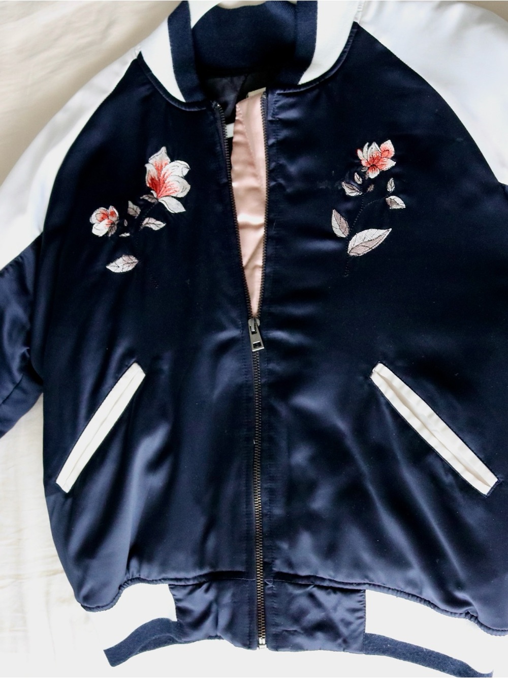 silence + noise Navy Satin Floral Embroidered Bomber Jacket
